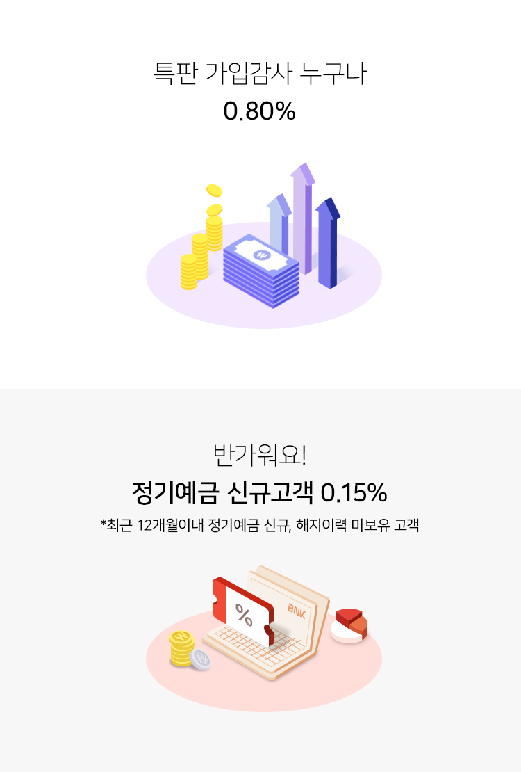 특판 가입감사 누구나 0.80% 반가워요! 정기예금 신규고객 0.15% *최근 12개월 이내 정기예금 신규, 해지이력 미보유 고객