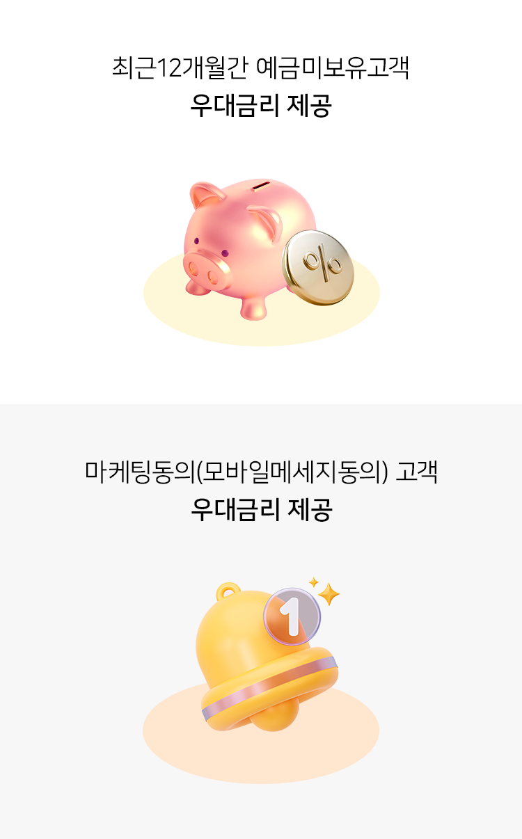 최근12개월간 예금미보유고객 우대금리 제공, 마케팅동의(모바일메세지동의) 고객 우대금리 제공