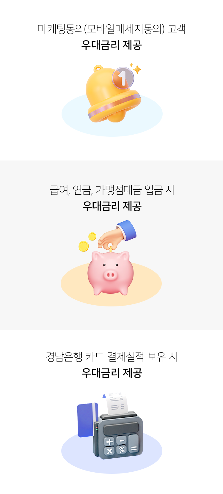 마케팅동의(모바일메세지동의)고객 우대금리 제공 / 급여, 연금, 가맹점대금 입금 시 우대금리 제공 / 경남은행 카드 결제실적 보유 시 우대금리 제공